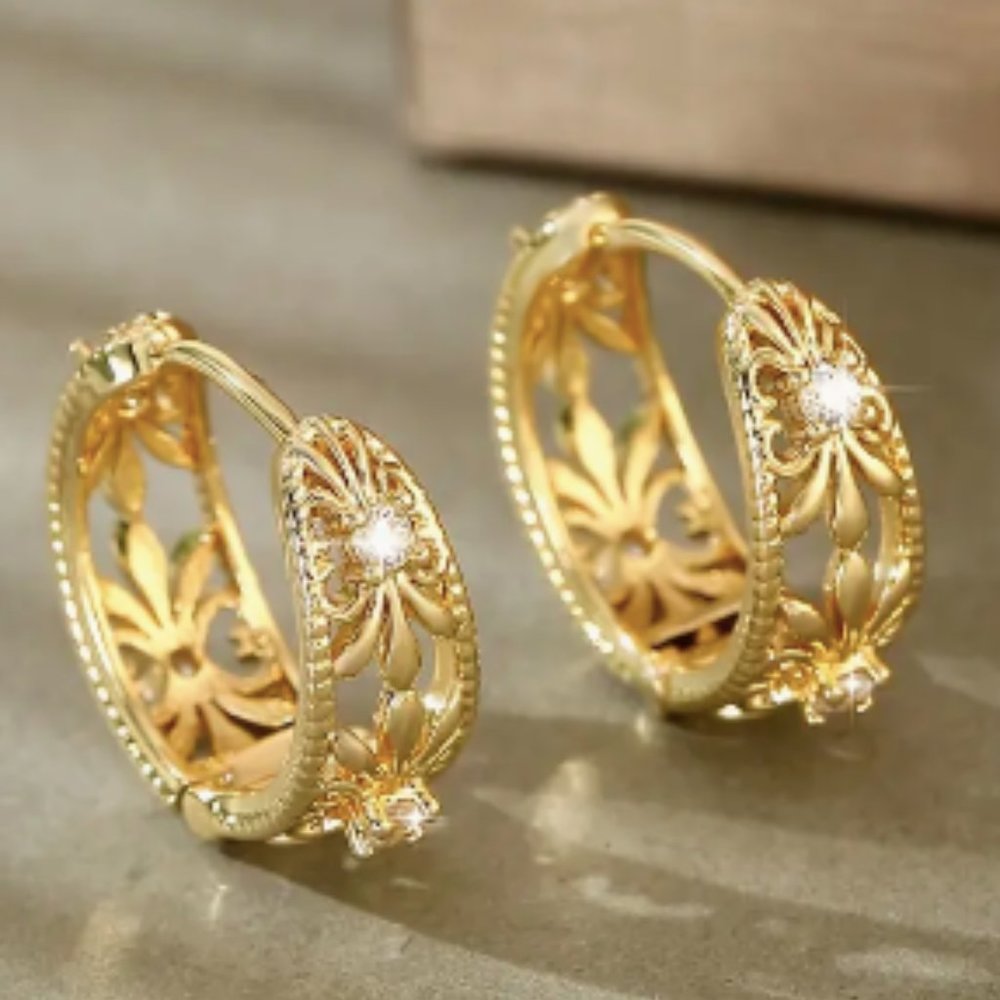 14k Gold Plated Diamond Flower Pattern Hoop Earrings